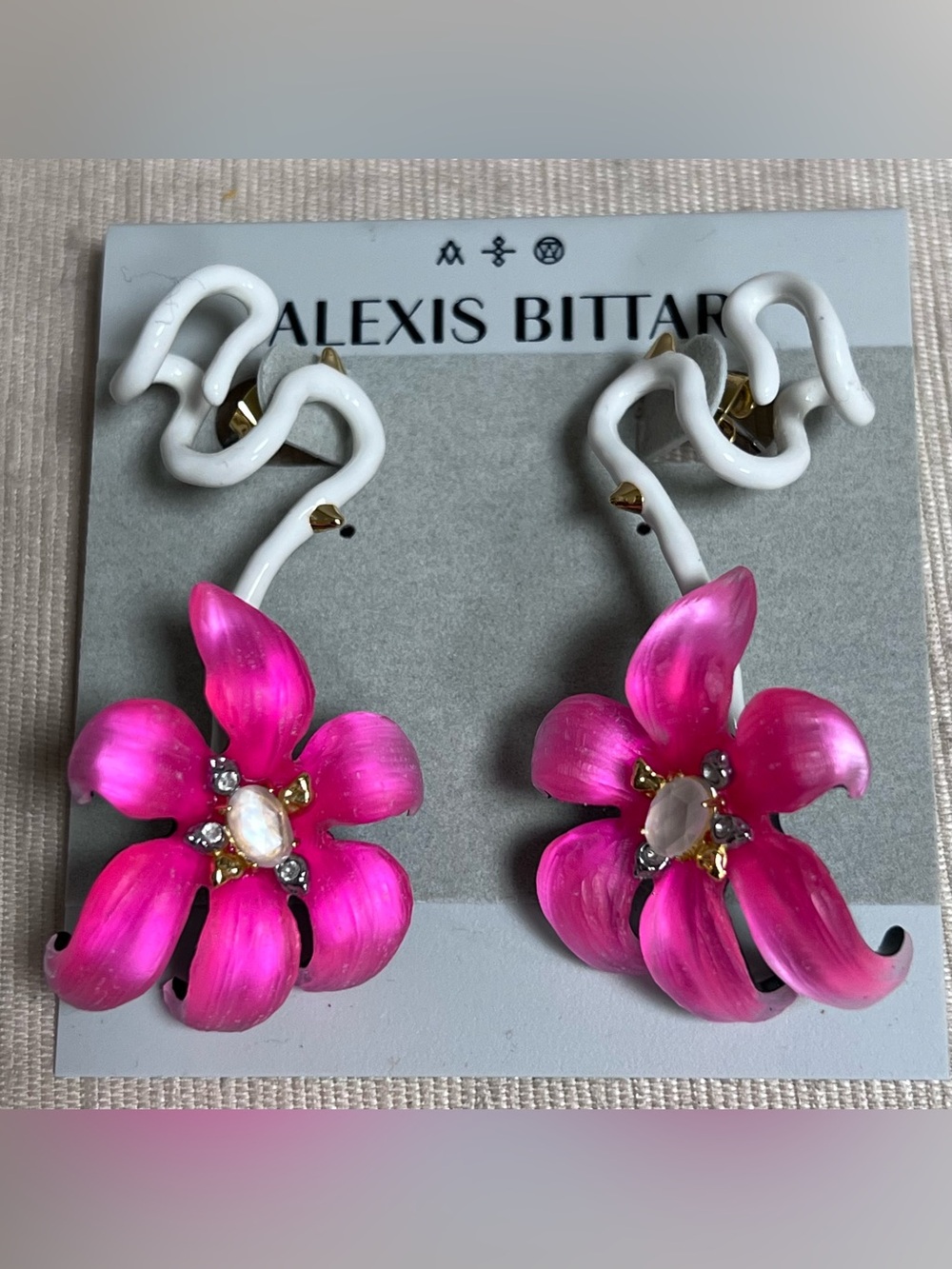 Alexis Bittar Neon Pink Lucite Flower, Enamel & Crystal Earrings NWT